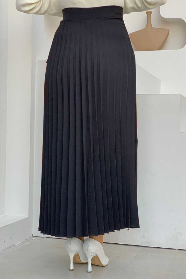 Side Tie Piece Detail Pleated Skirt 1176 Black - 3