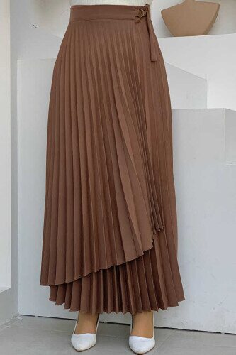 Side Tie Piece Detail Pleated Skirt 1176 Brown 