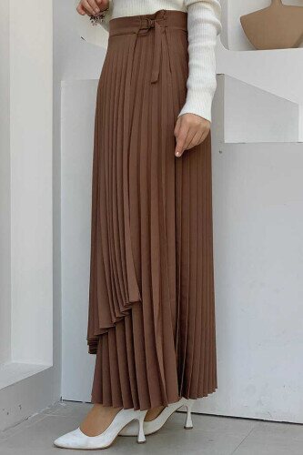 Side Tie Piece Detail Pleated Skirt 1176 Brown - 2