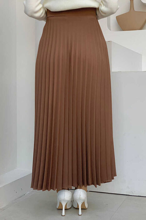 Side Tie Piece Detail Pleated Skirt 1176 Brown - 3