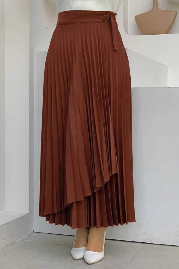 Side Tie Piece Detail Pleated Skirt 1176 Dark Brown - 1