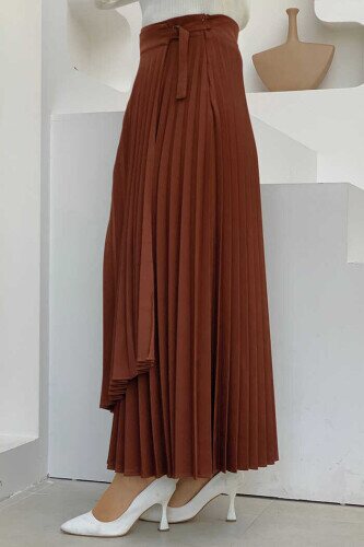 Side Tie Piece Detail Pleated Skirt 1176 Dark Brown - 2