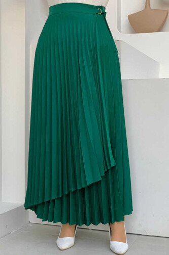 Side Tie Piece Detail Pleated Skirt 1176 Emerald - 1