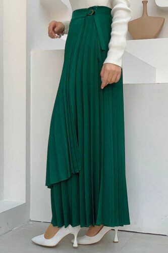 Side Tie Piece Detail Pleated Skirt 1176 Emerald - 2