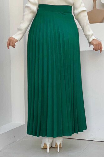 Side Tie Piece Detail Pleated Skirt 1176 Emerald - 3