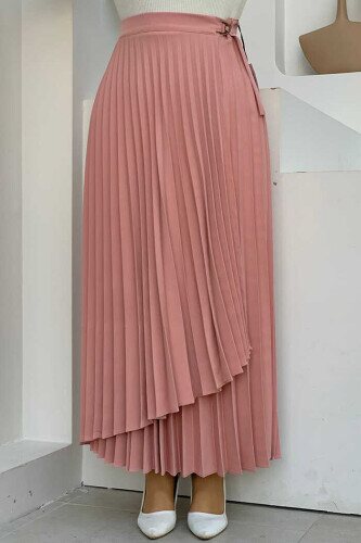 Side Tie Piece Detail Pleated Skirt 1176 Powder 