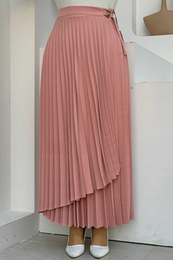 Side Tie Piece Detail Pleated Skirt 1176 Powder - 1