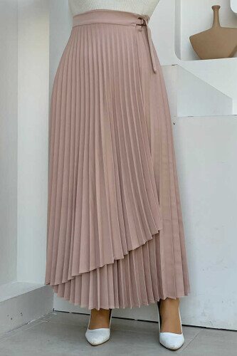 Side Tie Piece Detail Pleated Skirt 1176 Stone 