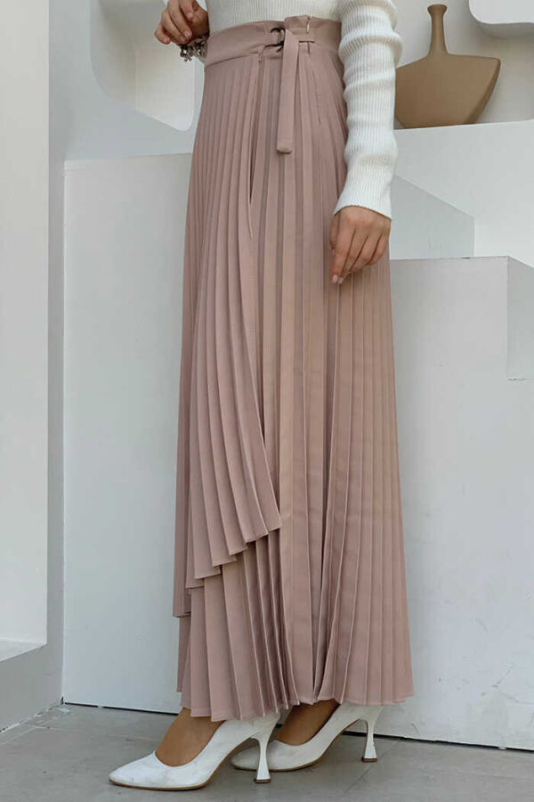 Side Tie Piece Detail Pleated Skirt 1176 Stone - 2