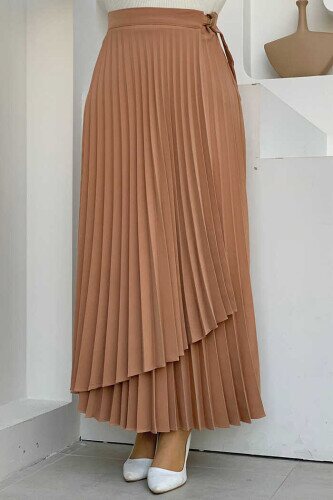 Side Tie Piece Detail Pleated Skirt 1176 Tan - 1