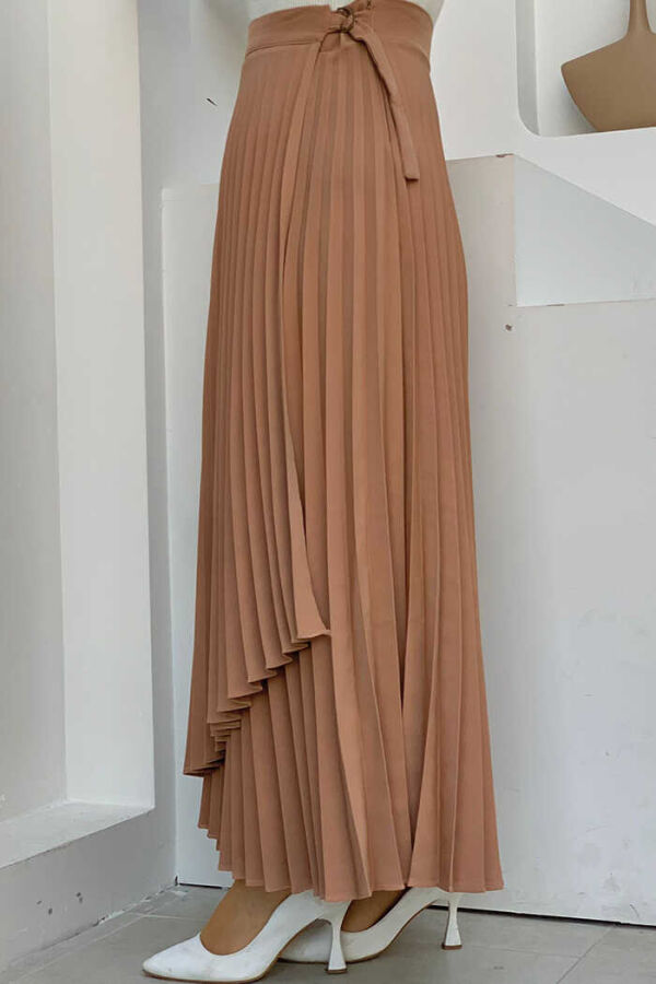 Side Tie Piece Detail Pleated Skirt 1176 Tan - 2