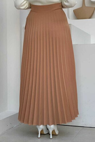 Side Tie Piece Detail Pleated Skirt 1176 Tan - 3