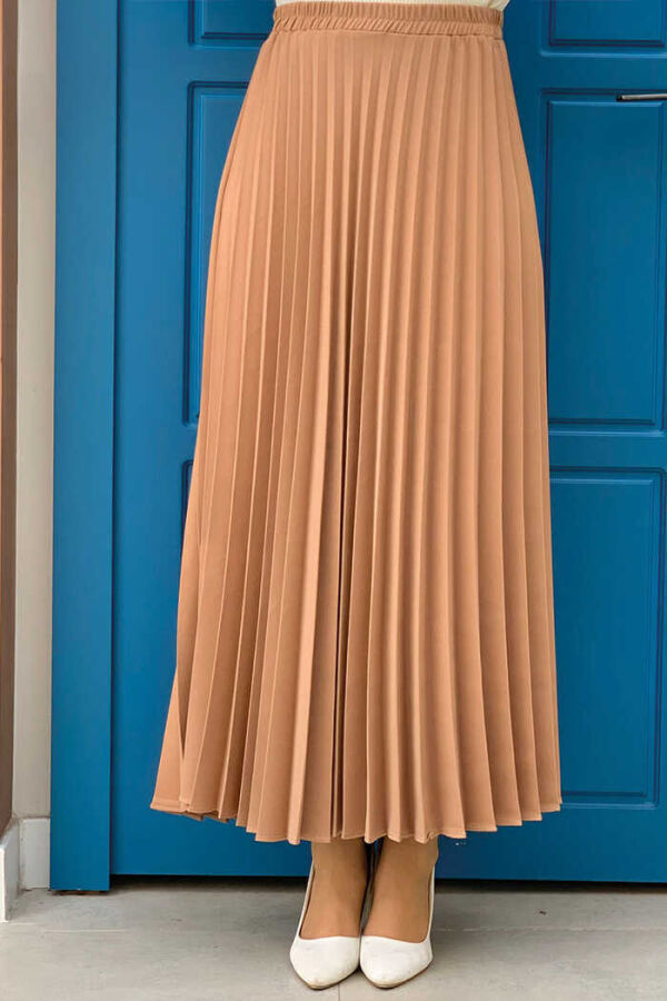 Elastic Waist Pleated Skirt 1178 Tan - 1