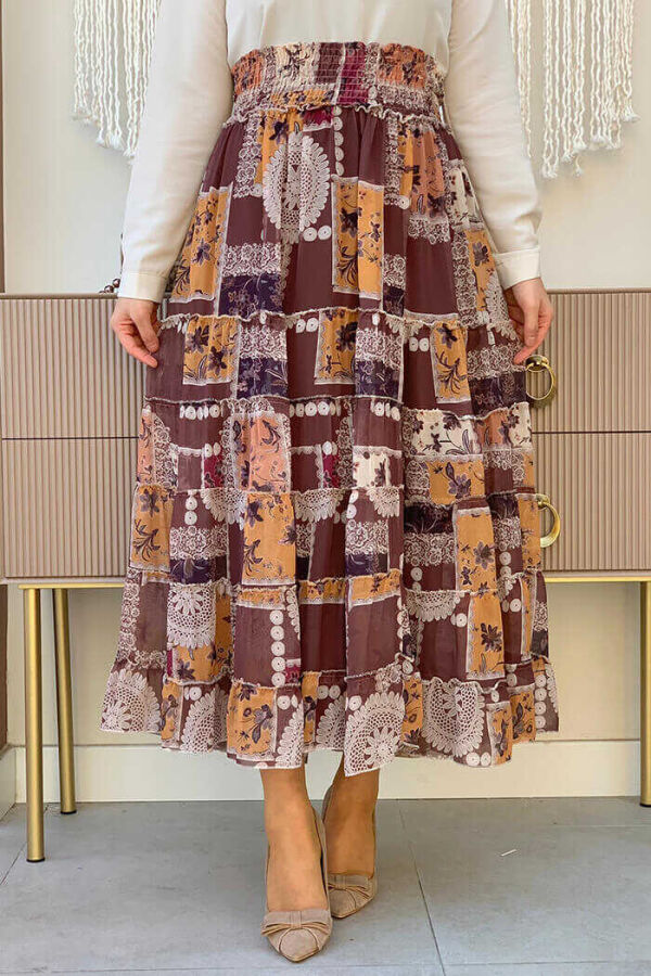 Waist Thick Elastic Look Tiered Detail Patterned Chiffon Skirt 1182 Brown - 1