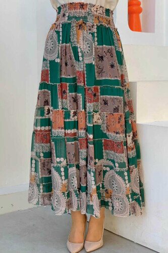 Waist Thick Elastic Look Tiered Detail Patterned Chiffon Skirt 1182 Emerald 