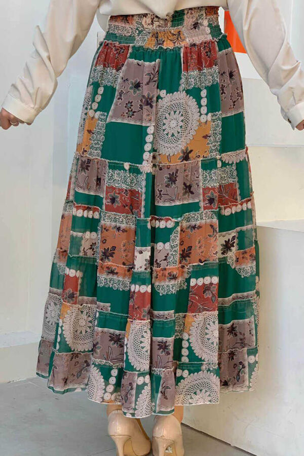 Waist Thick Elastic Look Tiered Detail Patterned Chiffon Skirt 1182 Emerald - 2