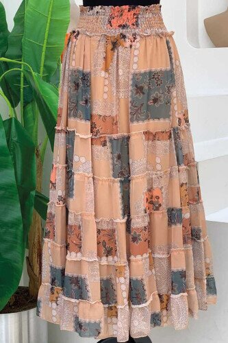 Waist Thick Elastic Look Tiered Detail Patterned Chiffon Skirt 1182 Mink 