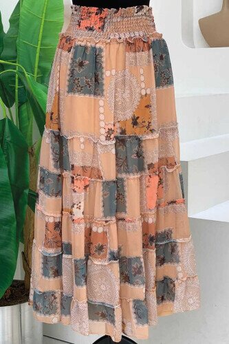 Waist Thick Elastic Look Tiered Detail Patterned Chiffon Skirt 1182 Mink - 2