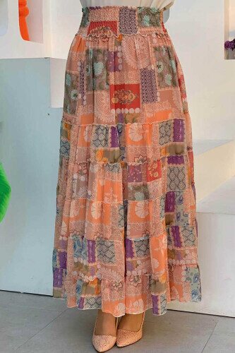 Waist Thick Elastic Look Tiered Detail Patterned Chiffon Skirt 1182 Salmon 