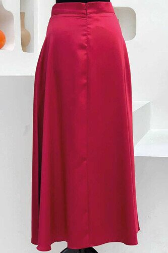 Waist Zippered Satin Mevlana Skirt 1187 Claret Red - 2