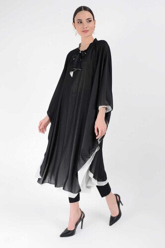 2227 Two Color Chiffon Tunic Ecru-Black 