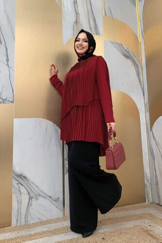 2363 Pleated Tunic Claret Red - 3