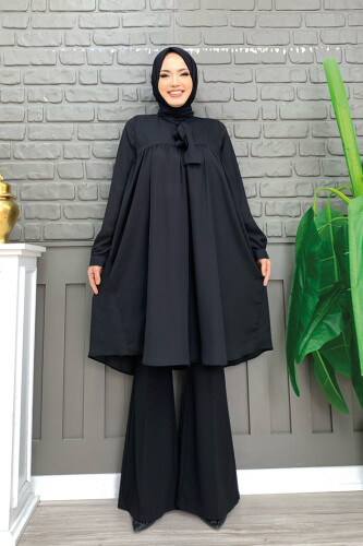 Chiffon-Tunika mit Kragendetail, taillierten Ärmeln und Bündchen, 2454, Schwarz 