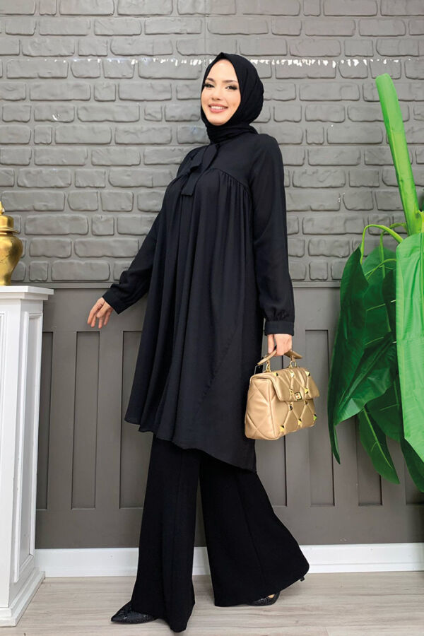 Chiffon-Tunika mit Kragendetail, taillierten Ärmeln und Bündchen, 2454, Schwarz - 3