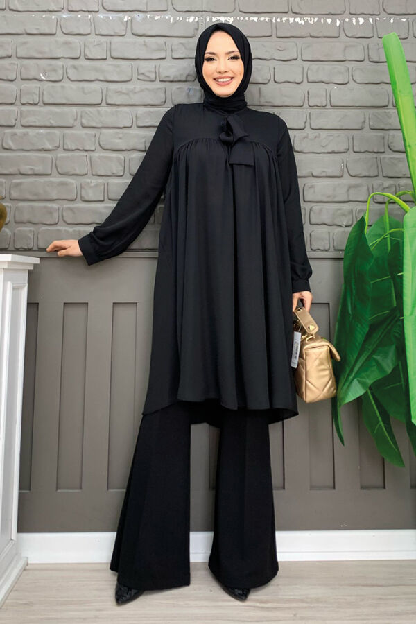 Collar Detail Tailed Sleeve Cuff Chiffon Tunic 2454 Black - 2