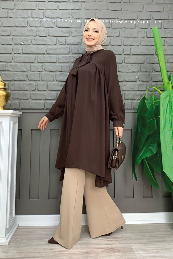 Collar Detail Tailed Sleeve Cuff Chiffon Tunic 2454 Brown - 3