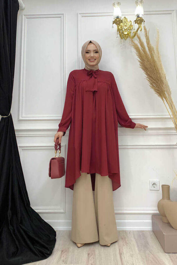 Collar Detail Tailed Sleeve Cuff Chiffon Tunic 2454 Claret Red - 1