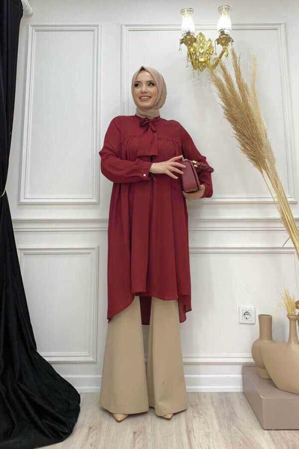 Collar Detail Tailed Sleeve Cuff Chiffon Tunic 2454 Claret Red - 2