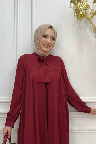 Collar Detail Tailed Sleeve Cuff Chiffon Tunic 2454 Claret Red - 4