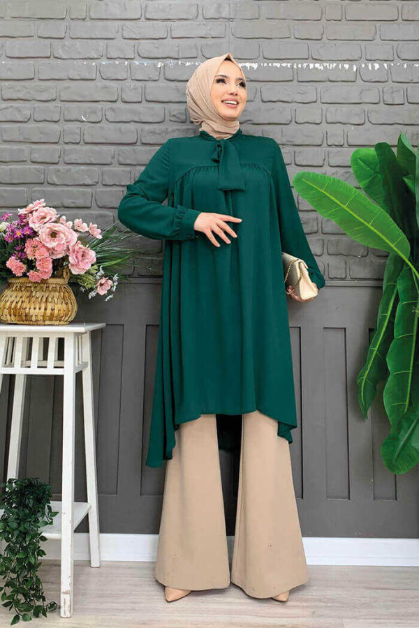 Collar Detail Tailed Sleeve Cuff Chiffon Tunic 2454 Emerald - 1