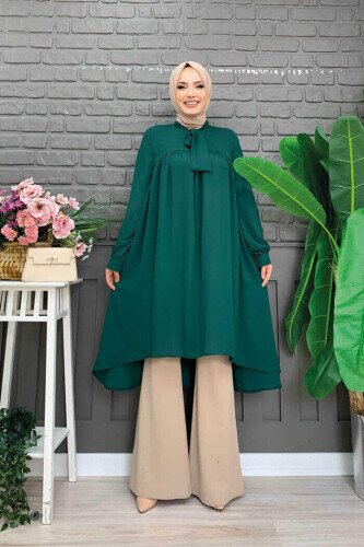 Collar Detail Tailed Sleeve Cuff Chiffon Tunic 2454 Emerald - 2