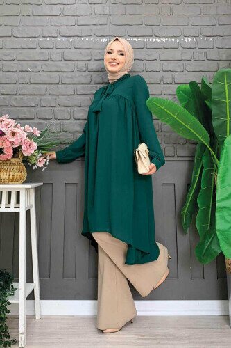 Collar Detail Tailed Sleeve Cuff Chiffon Tunic 2454 Emerald - 3