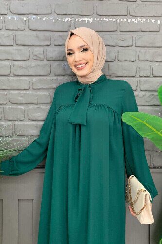 Collar Detail Tailed Sleeve Cuff Chiffon Tunic 2454 Emerald - 4