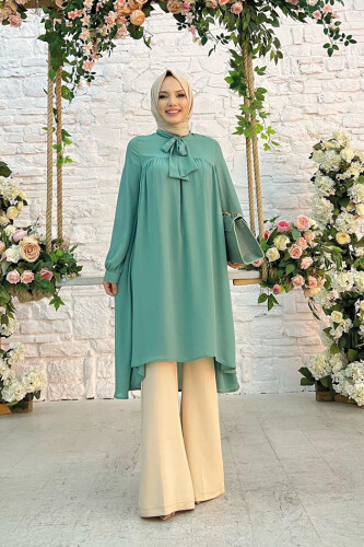 Chiffon-Tunika mit Kragendetail, taillierten Ärmeln und Manschetten 2454 Mint - 1