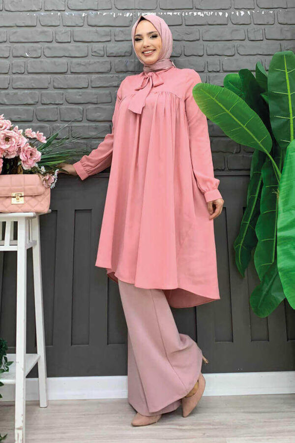 Collar Detail Tailed Sleeve Cuff Chiffon Tunic 2454 Powder - 2