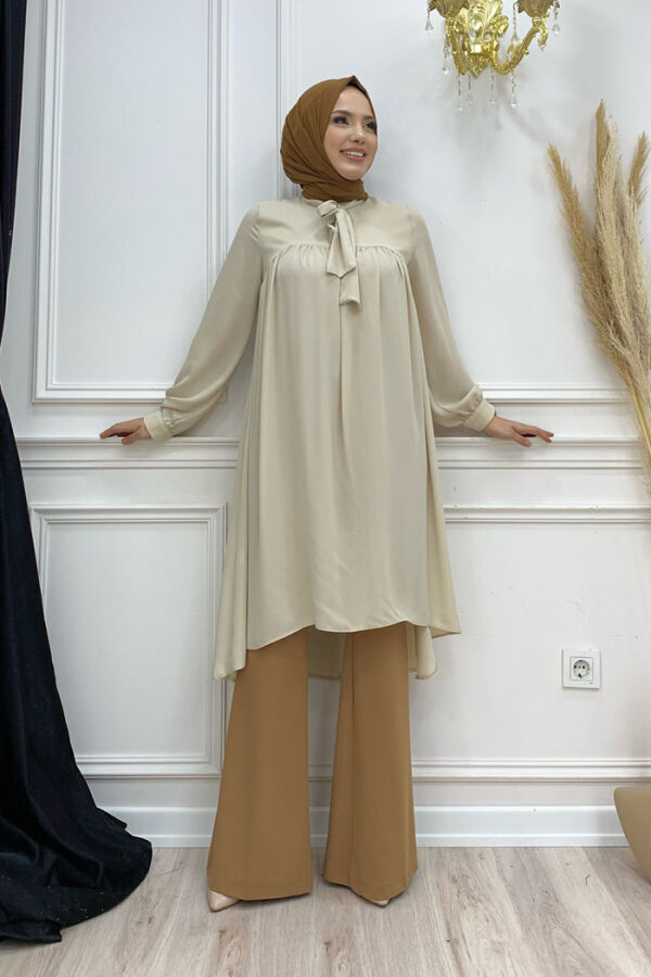 Collar Detail Tailed Sleeve Cuff Chiffon Tunic 2454 Stone - 1