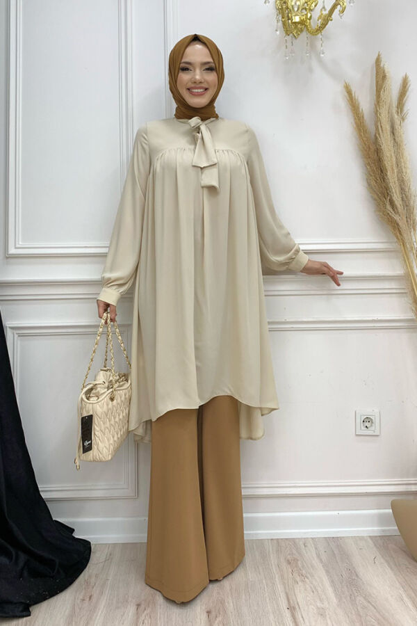 Collar Detail Tailed Sleeve Cuff Chiffon Tunic 2454 Stone - 2