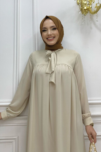 Collar Detail Tailed Sleeve Cuff Chiffon Tunic 2454 Stone - 4