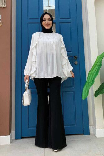 Pleated Ruffled Stripe Detailed Crew Neck Blouse 2627 Ecru - 3