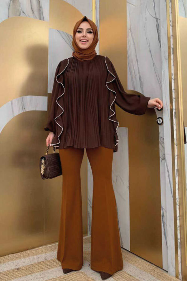 Pleated Ruffled Stripe Detailed Crew Neck Blouse 2627 Brown - 2