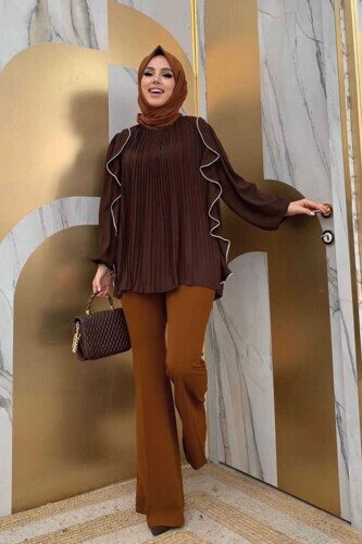 Pleated Ruffled Stripe Detailed Crew Neck Blouse 2627 Brown - 3