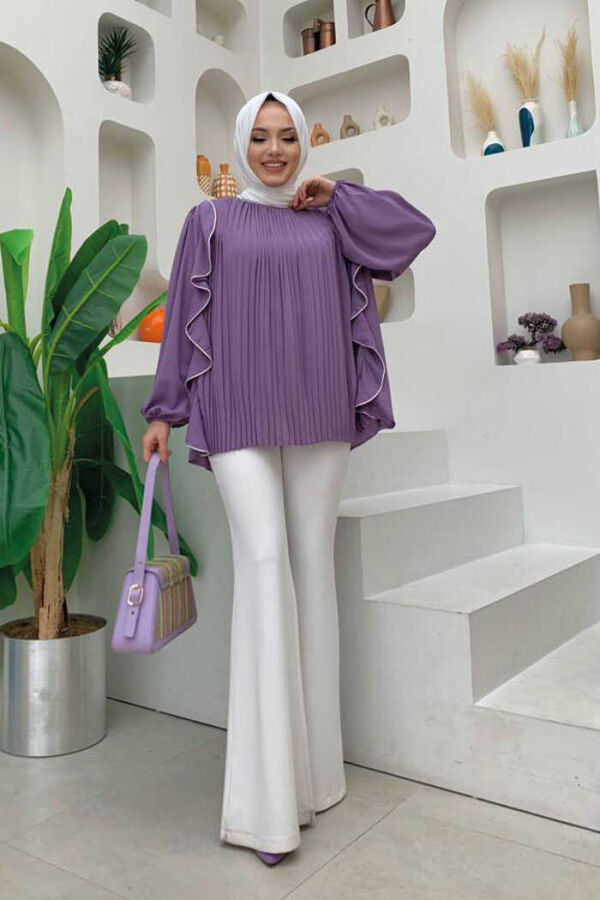 Pleated Ruffled Stripe Detailed Crew Neck Blouse 2627 Lilac - 2