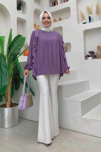 Pleated Ruffled Stripe Detailed Crew Neck Blouse 2627 Lilac - 3