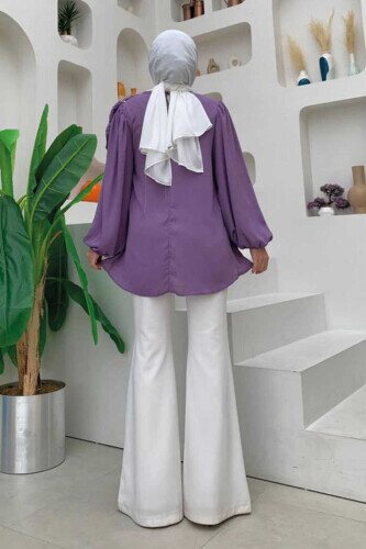 Pleated Ruffled Stripe Detailed Crew Neck Blouse 2627 Lilac - 4