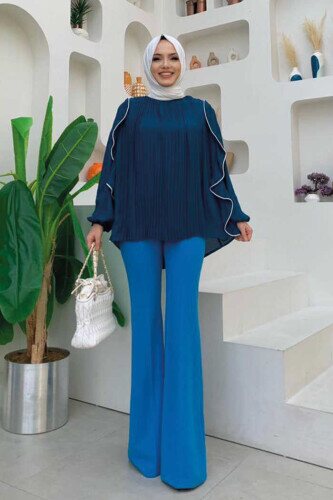 Pleated Frilly Stripe Detailed Crew Neck Blouse 2627 Petrol Blue - 2