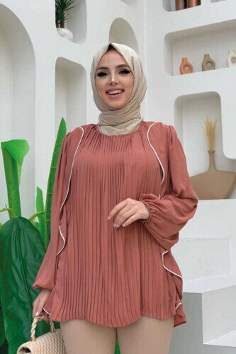 Pleated Frilly Stripe Detailed Crew Neck Blouse 2627 Dried Rose 